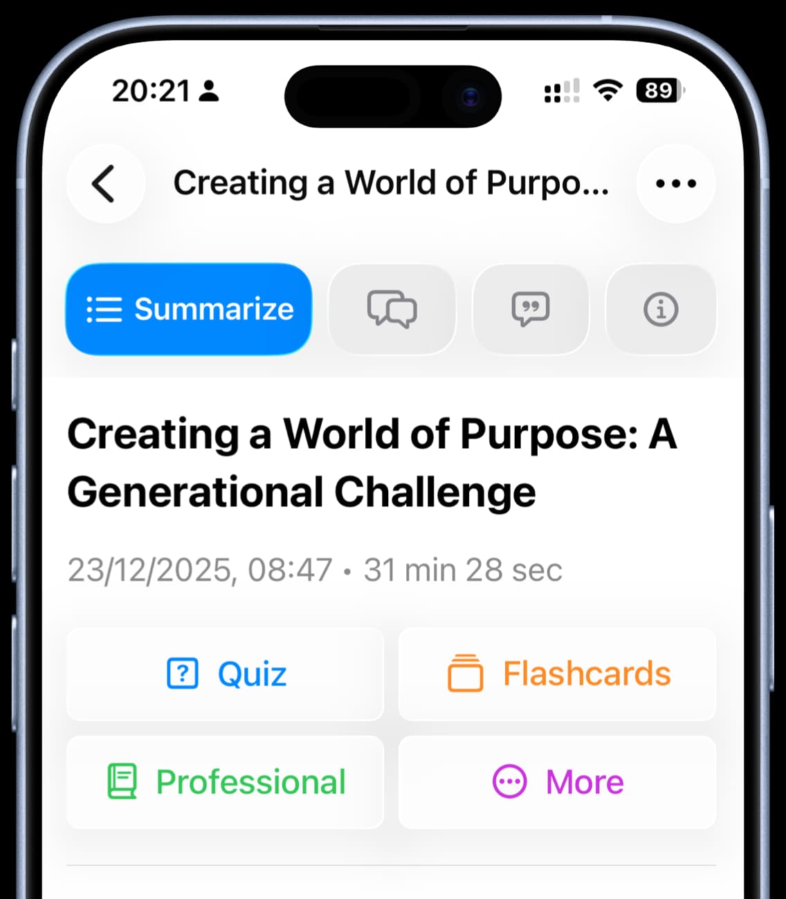 Noota note view showing summary actions and study tools generated from a source.