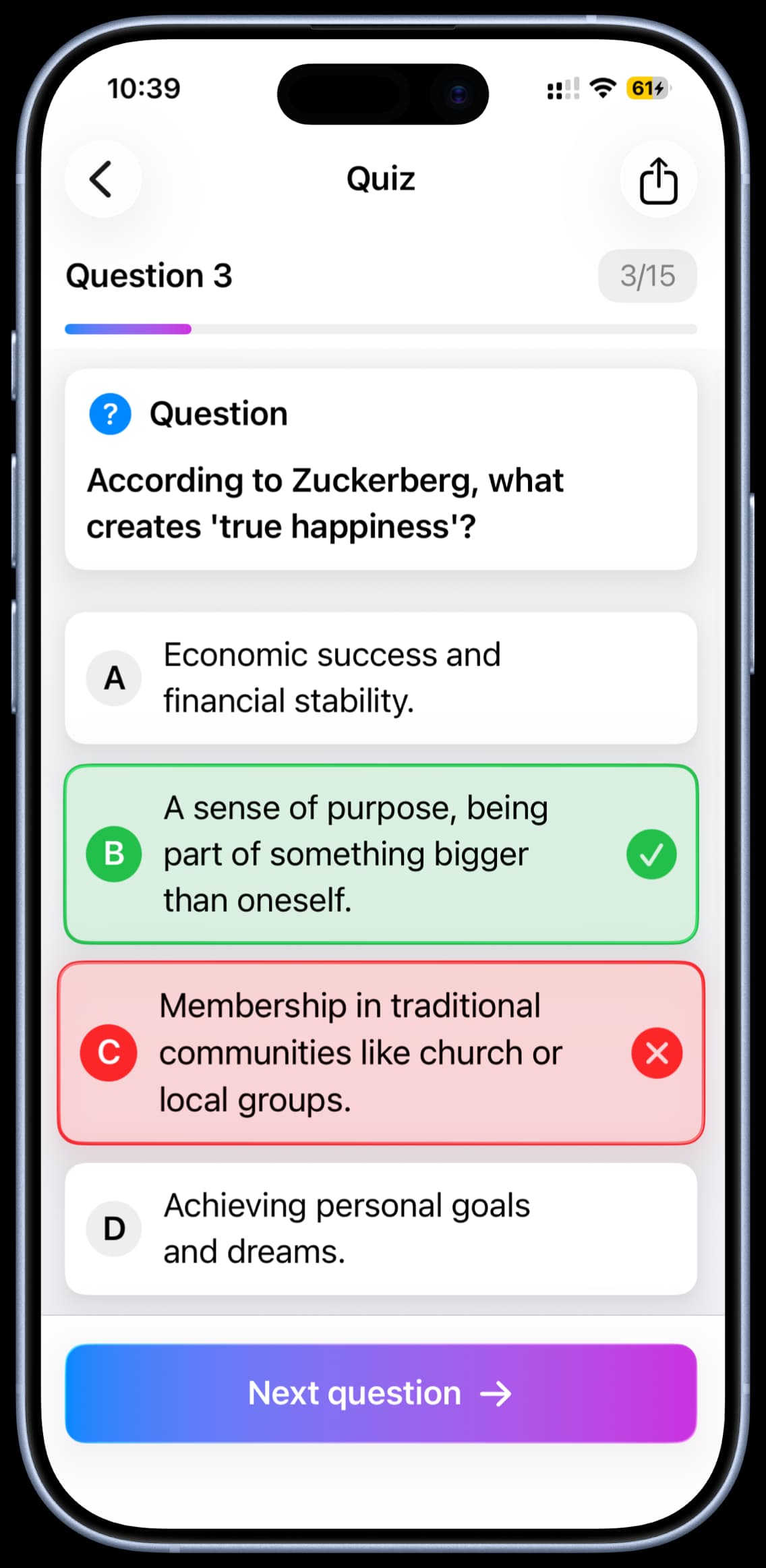 Noota quiz screen generated from a lecture or note set on iPhone.