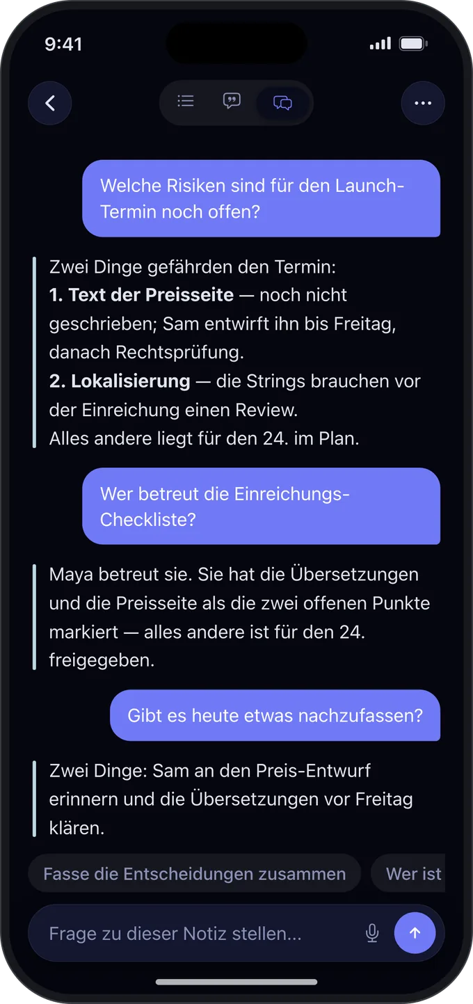 Eine Frage an Noota zu einer Notiz, beantwortet aus der Notiz selbst.