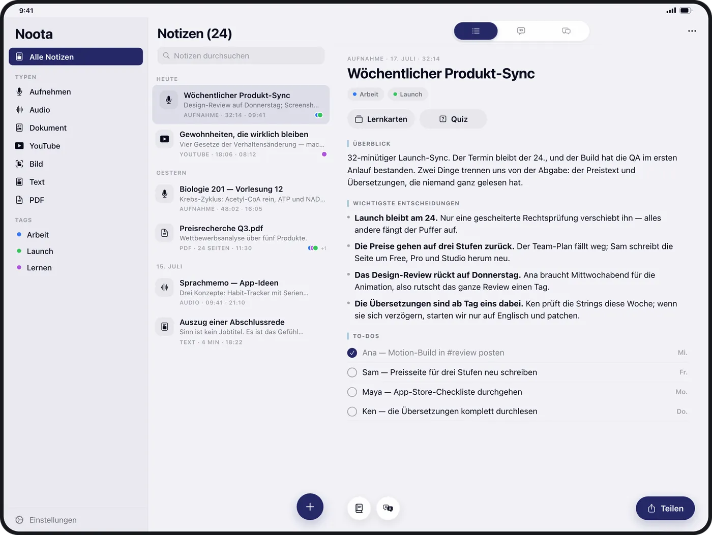 Noota auf dem iPad: die Liste der Notizen neben der Zusammenfassung eines Meetings mit den wichtigsten Entscheidungen und To-dos.