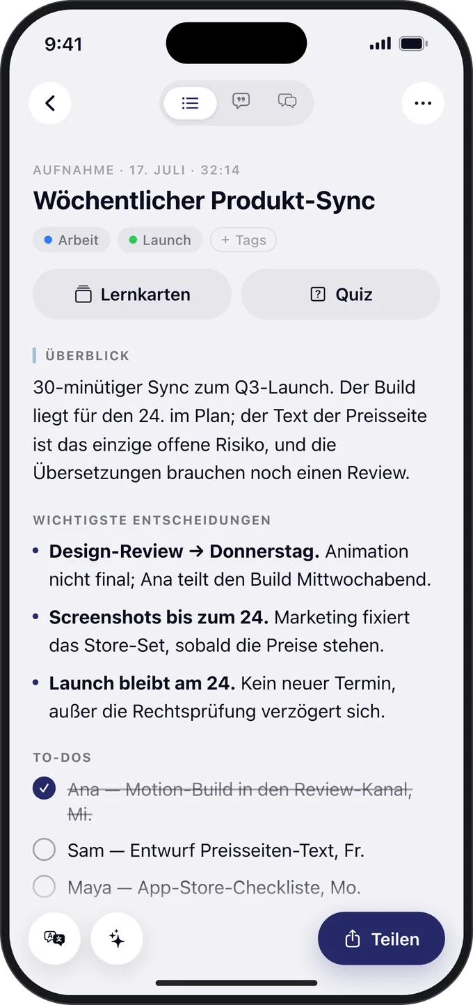 Eine Meeting-Zusammenfassung auf dem iPhone mit den wichtigsten Entscheidungen und To-dos.
