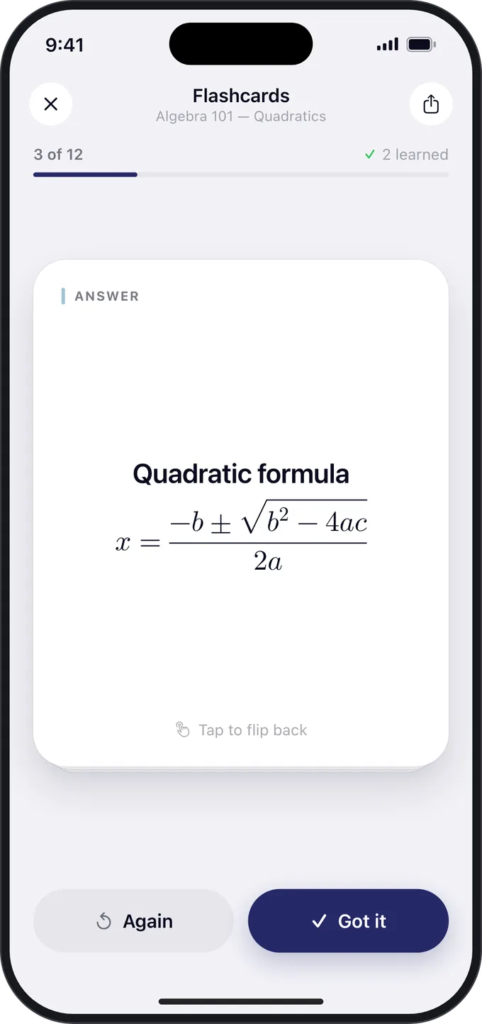 A flashcard with a typeset formula, made from a lecture.