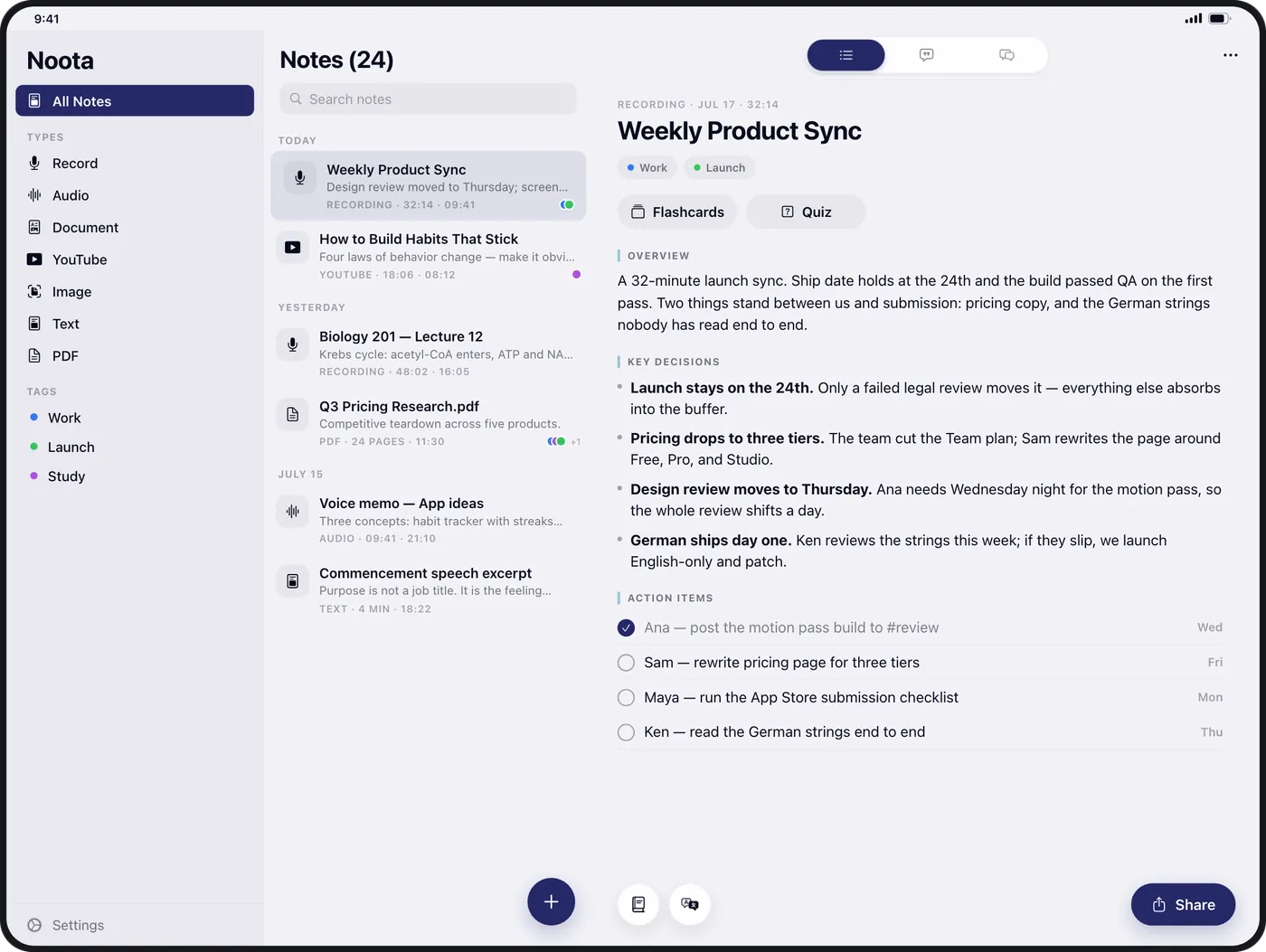 Noota on iPad: the list of notes beside a meeting’s summary, with key decisions and action items.