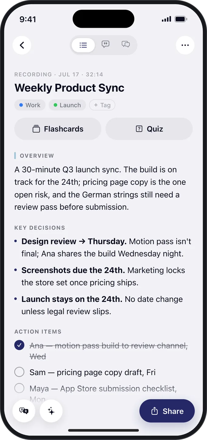A meeting summary on iPhone, with key decisions and action items.