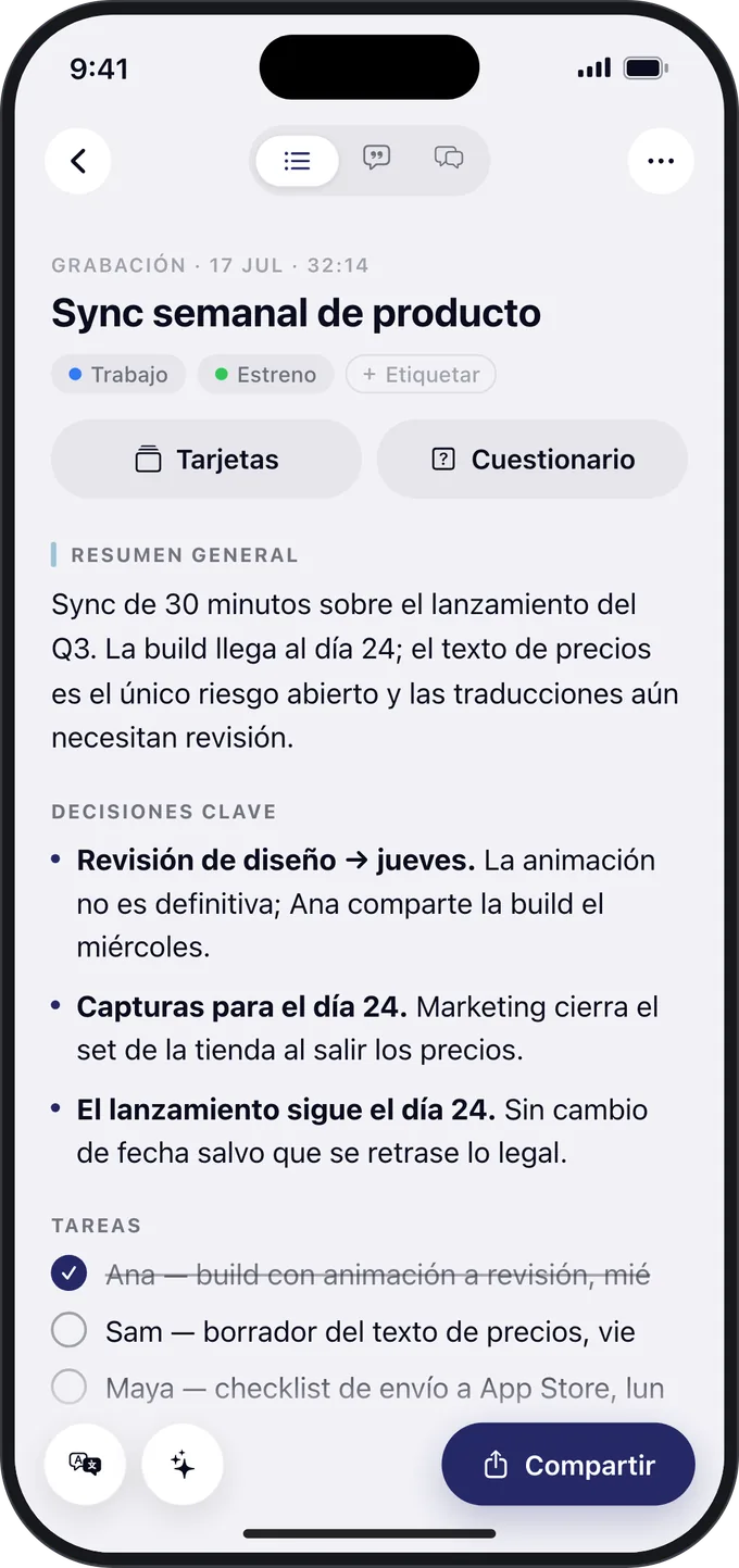 Resumen de una reunión en el iPhone, con las decisiones clave y las tareas.