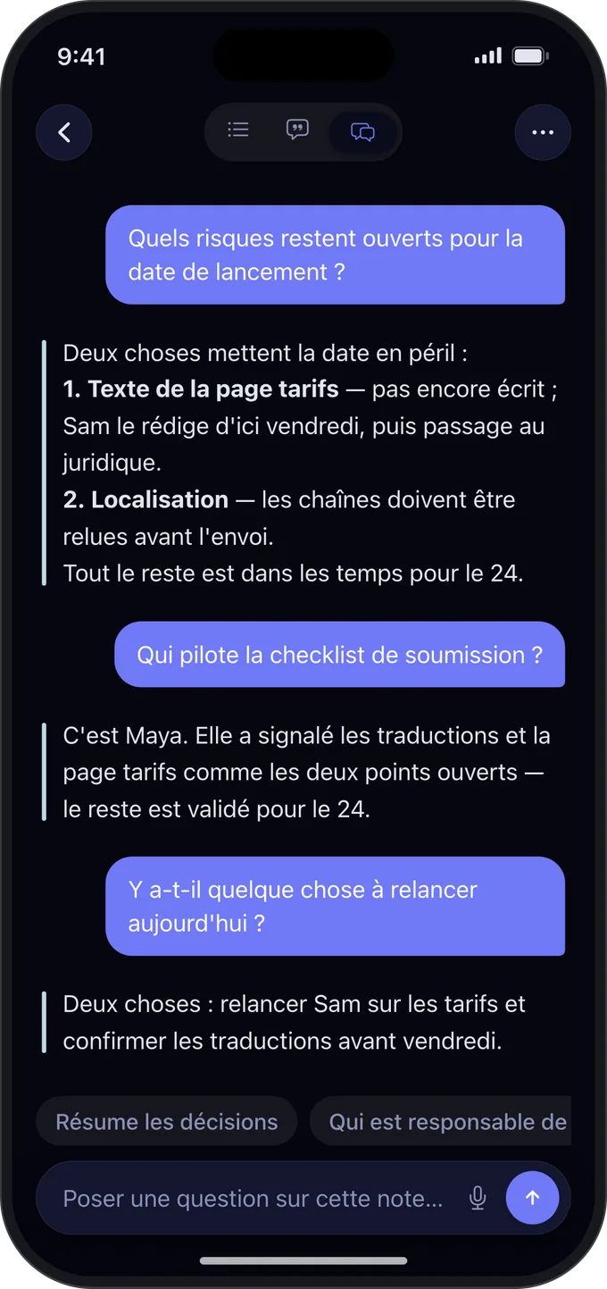 Une question posée à Noota sur une note, avec une réponse tirée de la note elle-même.