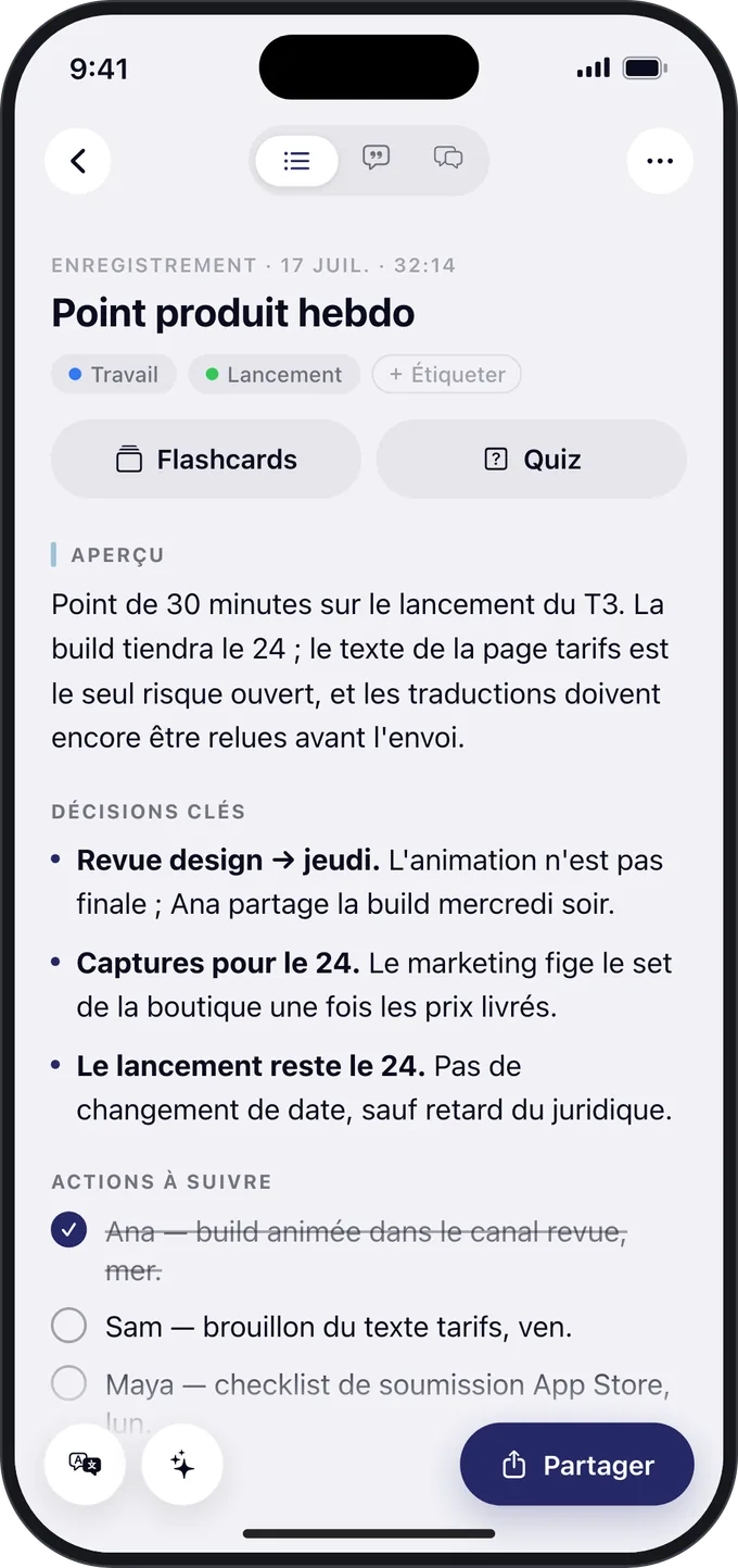 Le résumé d’une réunion sur iPhone, avec les décisions clés et les actions à suivre.