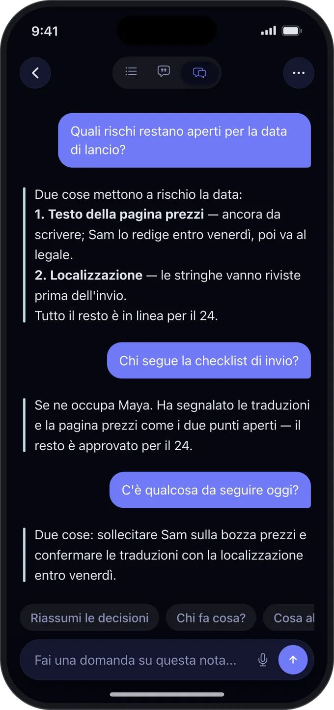 Una domanda a Noota su una nota, con la risposta tratta dalla nota stessa.