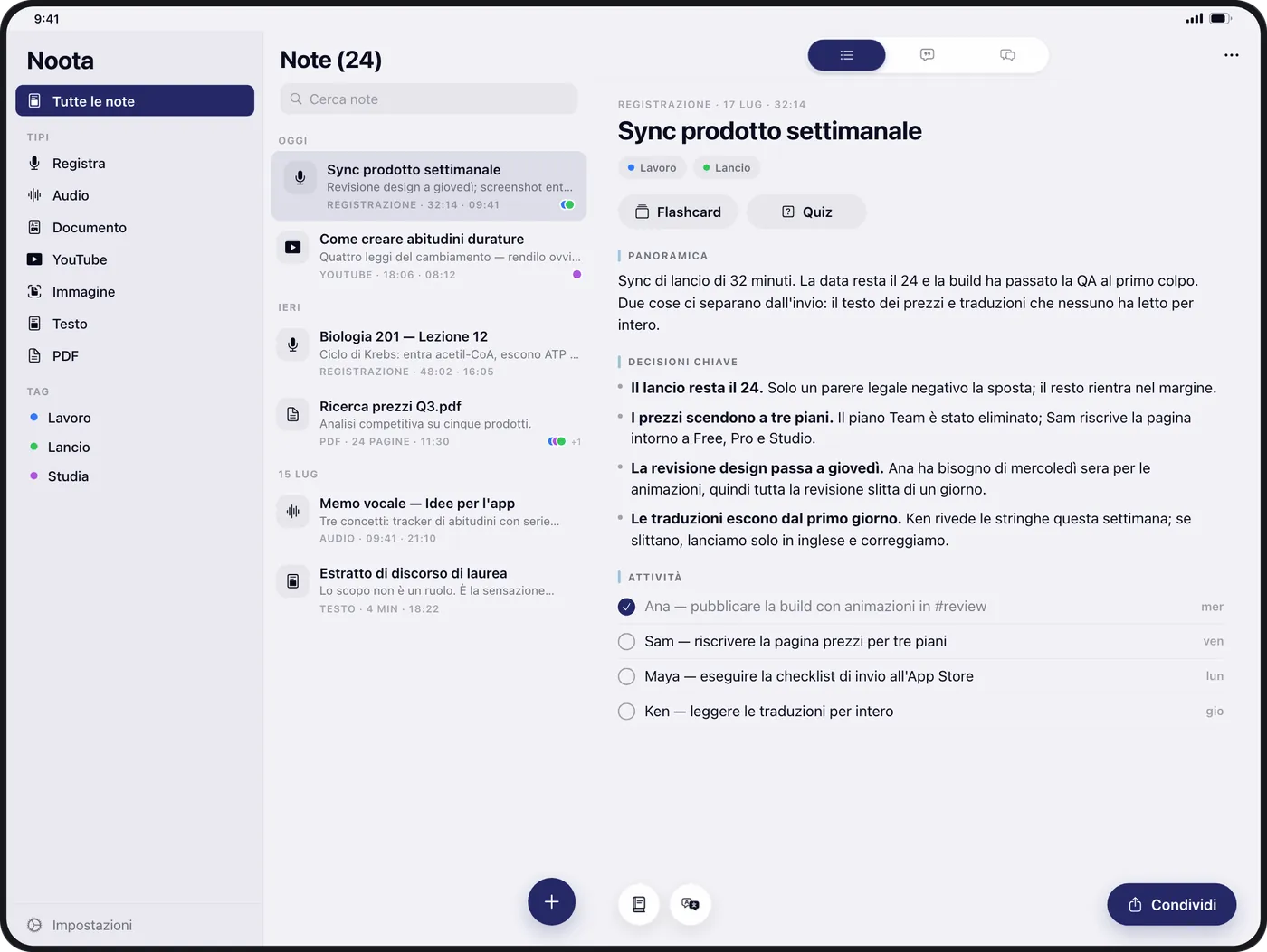 Noota su iPad: l’elenco delle note accanto al riassunto di una riunione, con le decisioni principali e le attività da svolgere.