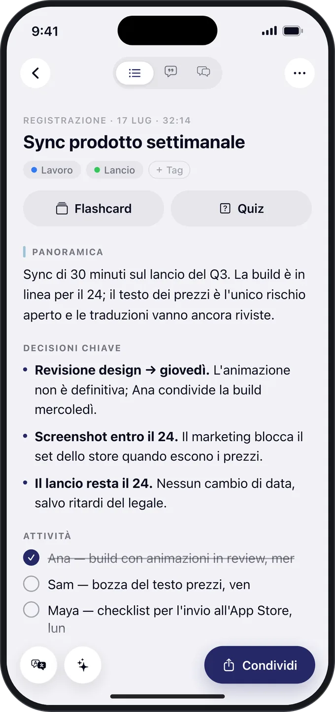 Il riassunto di una riunione su iPhone, con le decisioni principali e le attività da svolgere.
