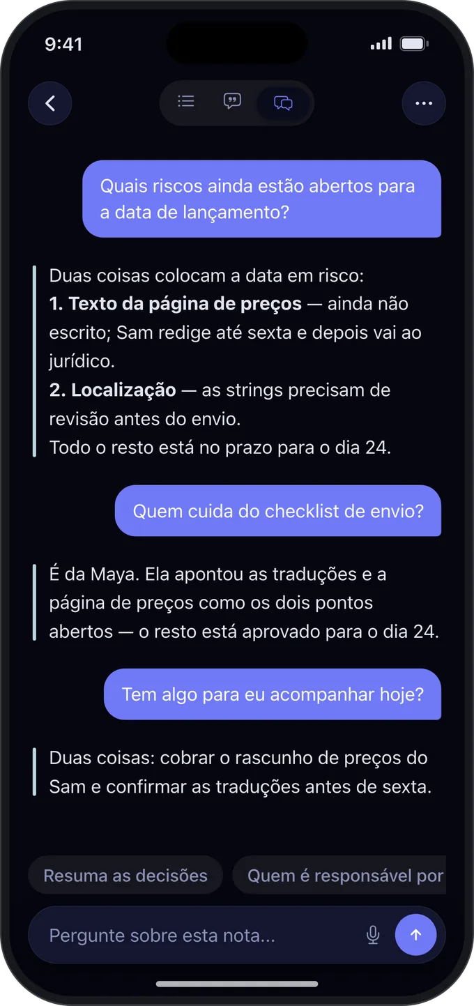 Uma pergunta ao Noota sobre uma nota, respondida com base na própria nota.