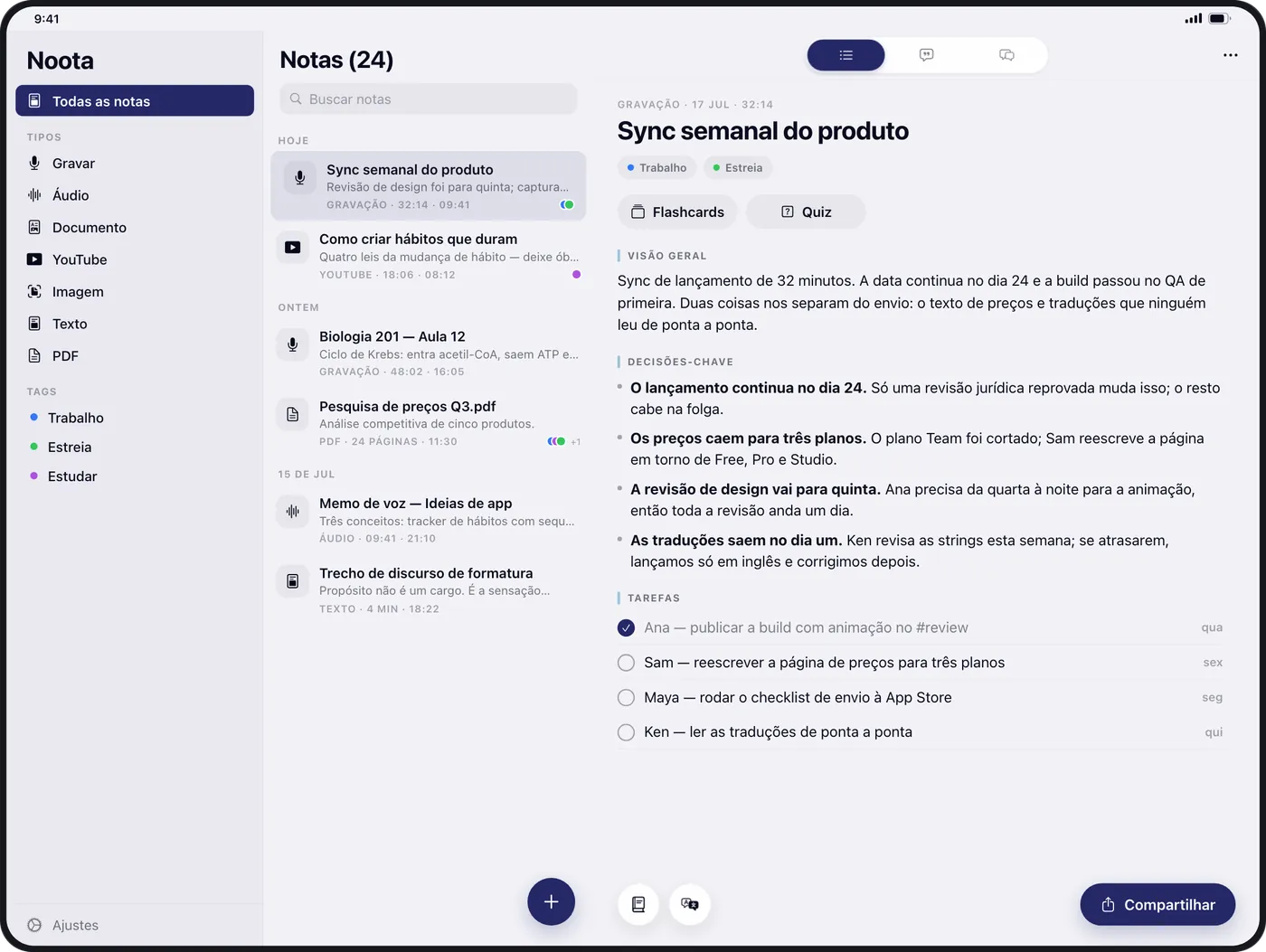 O Noota no iPad: a lista de notas ao lado do resumo de uma reunião, com as principais decisões e tarefas.