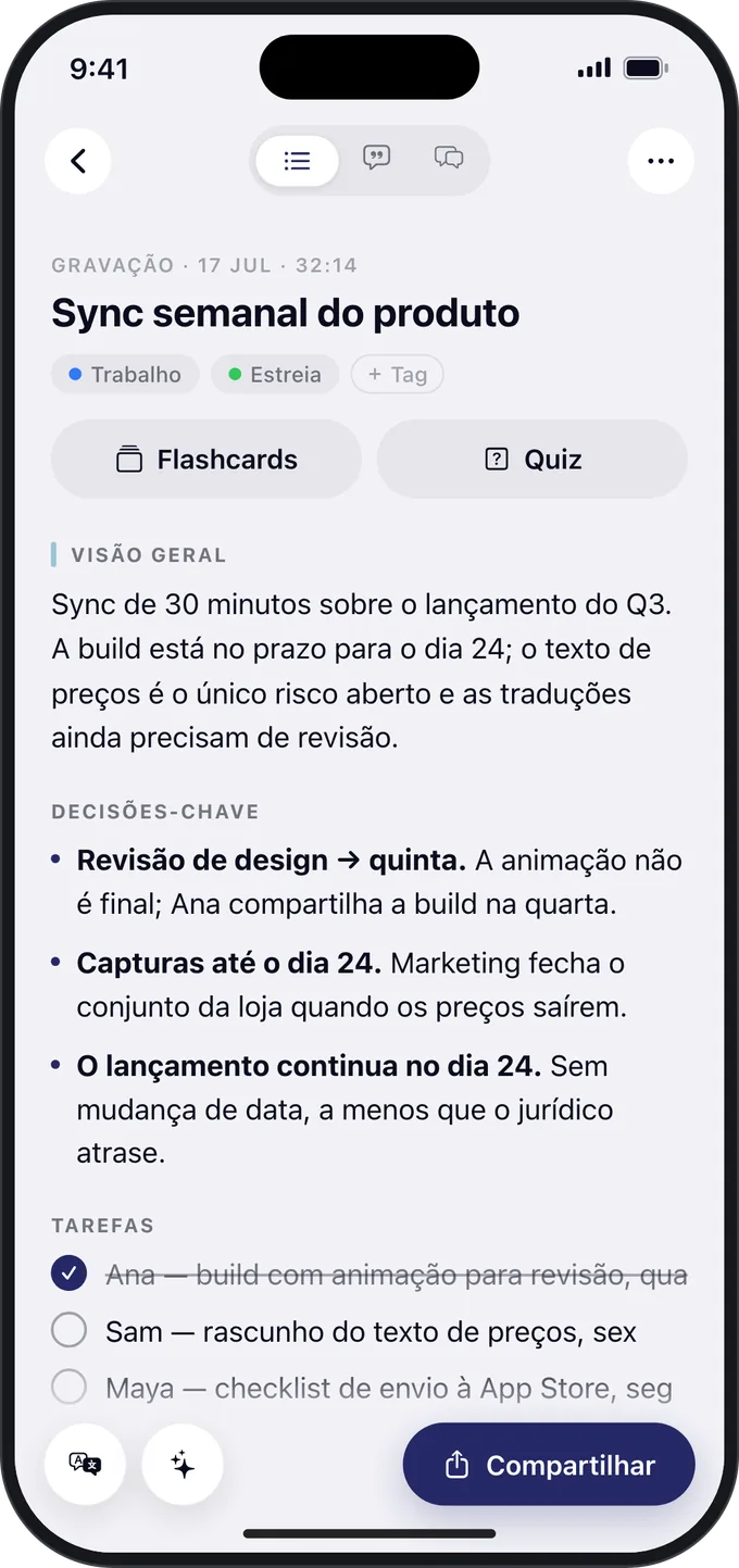 O resumo de uma reunião no iPhone, com as principais decisões e tarefas.