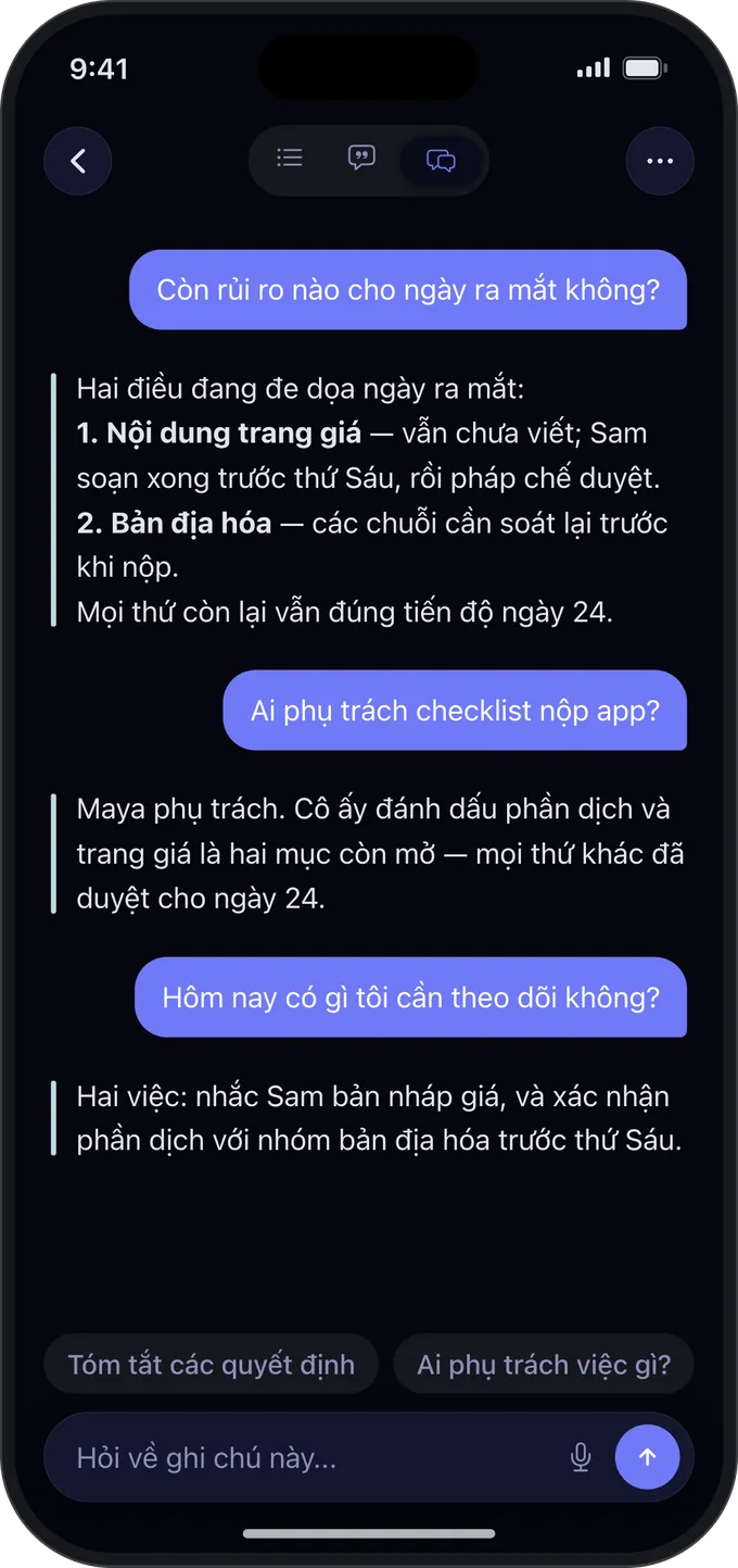 Hỏi Noota về một ghi chú, câu trả lời lấy từ chính ghi chú đó.