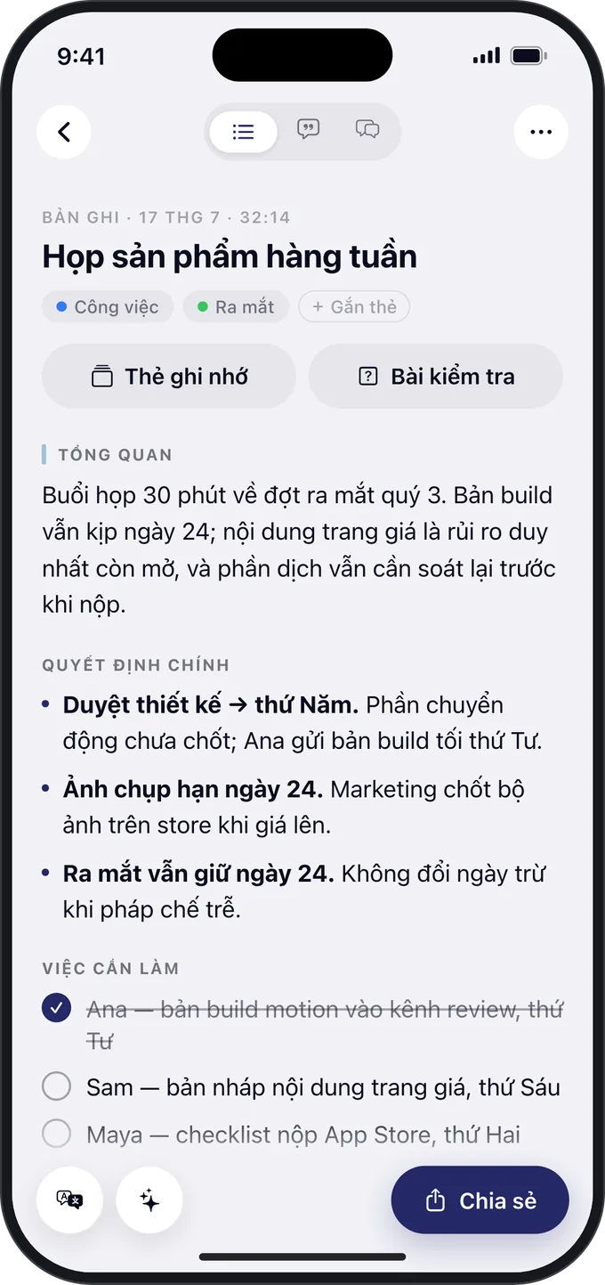 Bản tóm tắt cuộc họp trên iPhone, với các quyết định chính và việc cần làm.